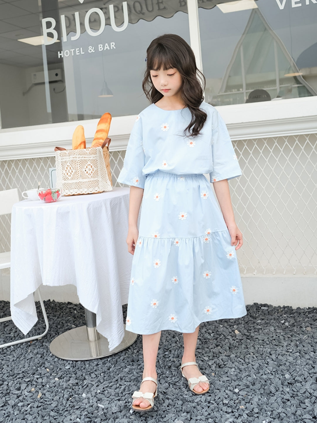 Blue & Orange Round Neck Short Sleeves Pure Cotton Skirt & Top Printed Clothing Set