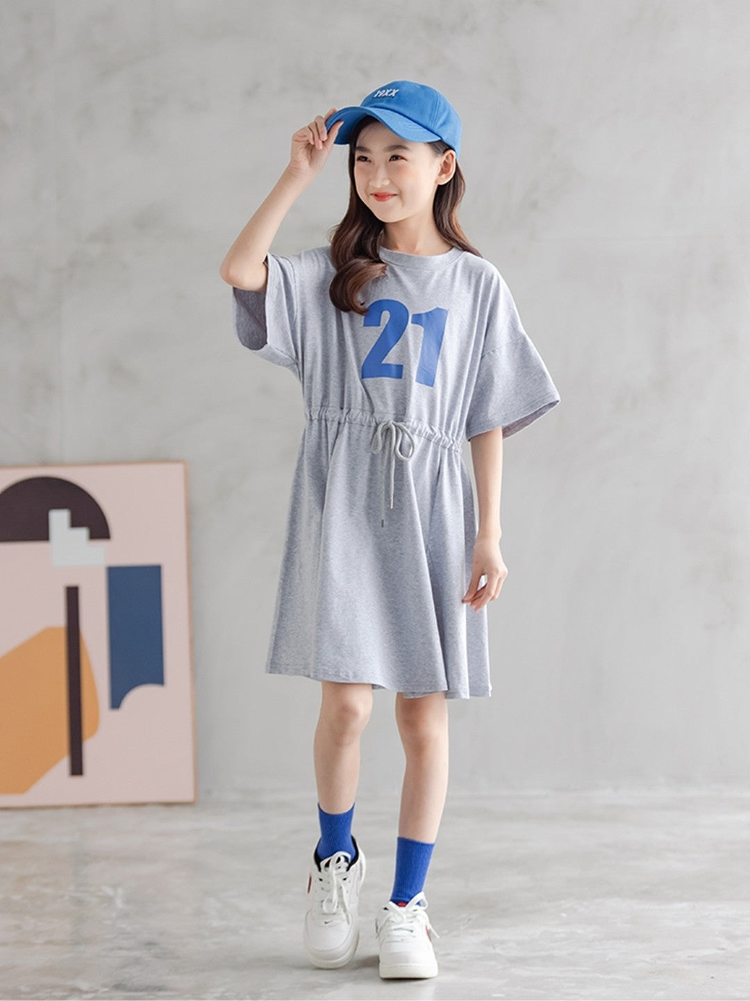 Grey Round Neck Casual A-Line Typography Cotton Above Knee Dresses