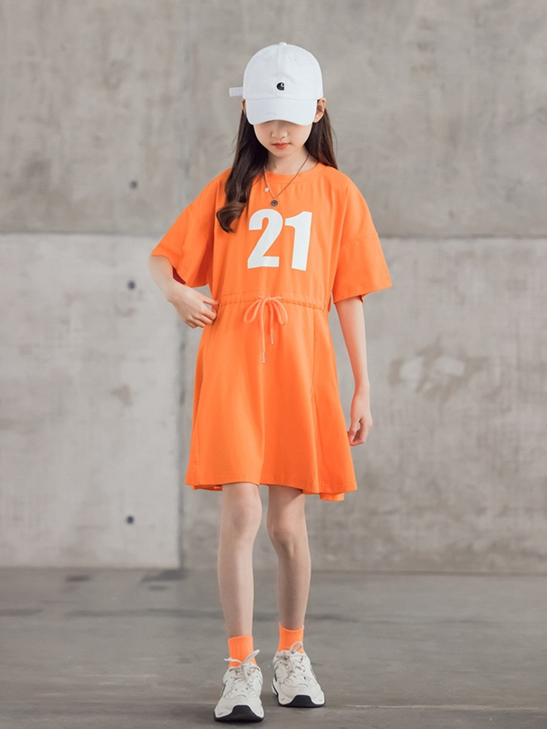 Orange Round Neck Casual A-Line Typography Cotton Above Knee Dresses