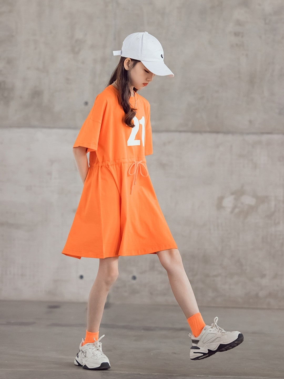 Orange Round Neck Casual A-Line Typography Cotton Above Knee Dresses