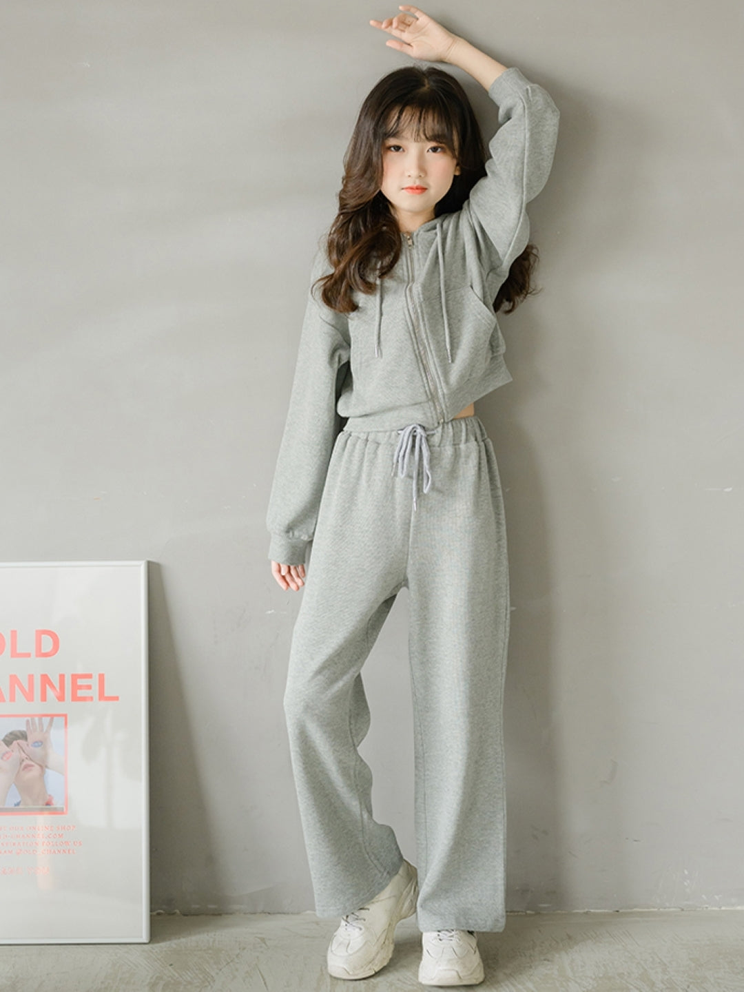 Grey & White Hood Long Sleeves Cotton Blend Trousers & Coat Solid Clothing Set