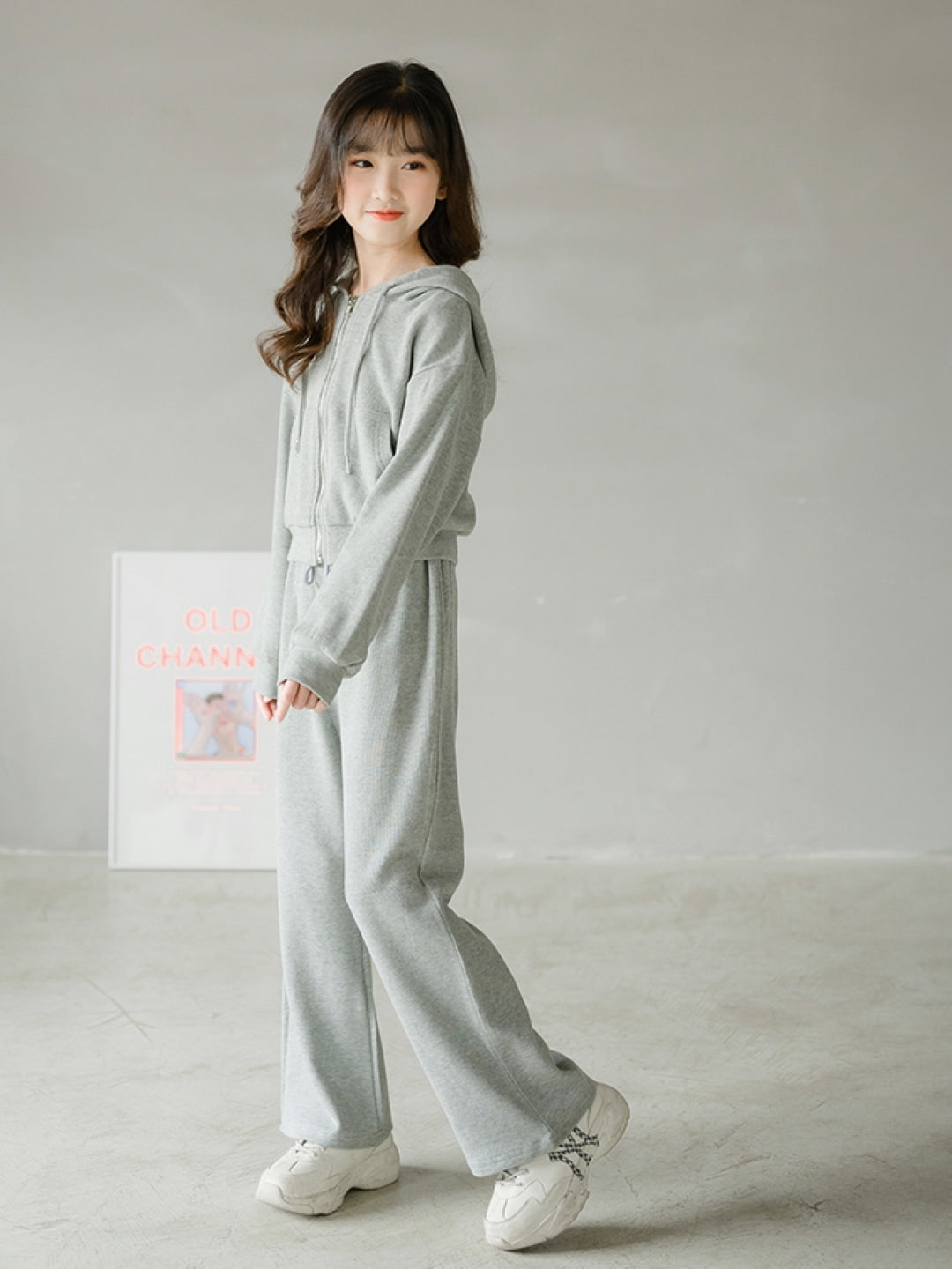 Grey & White Hood Long Sleeves Cotton Blend Trousers & Coat Solid Clothing Set