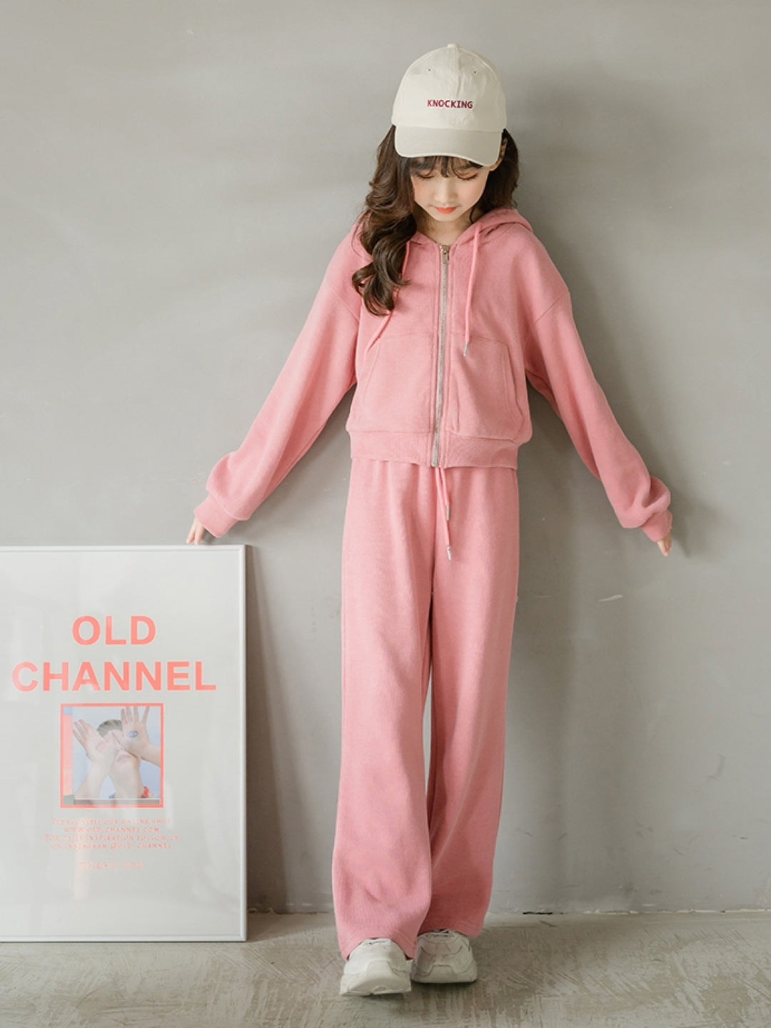 Pink & White Hood Long Sleeves Cotton Blend Trousers & Coat Solid Clothing Set