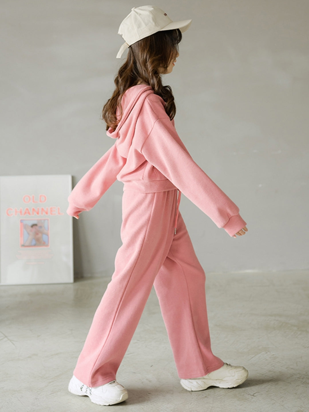 Pink & White Hood Long Sleeves Cotton Blend Trousers & Coat Solid Clothing Set