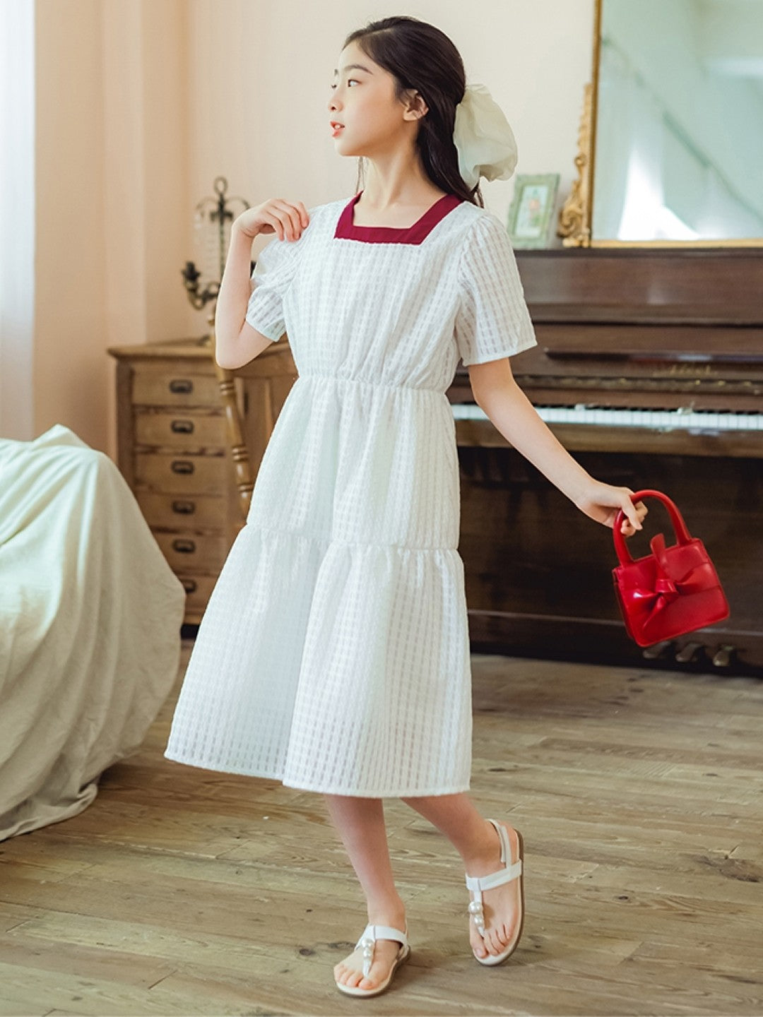 White Square Neck Casual A-Line Solid Polyester Knee Length Dresses