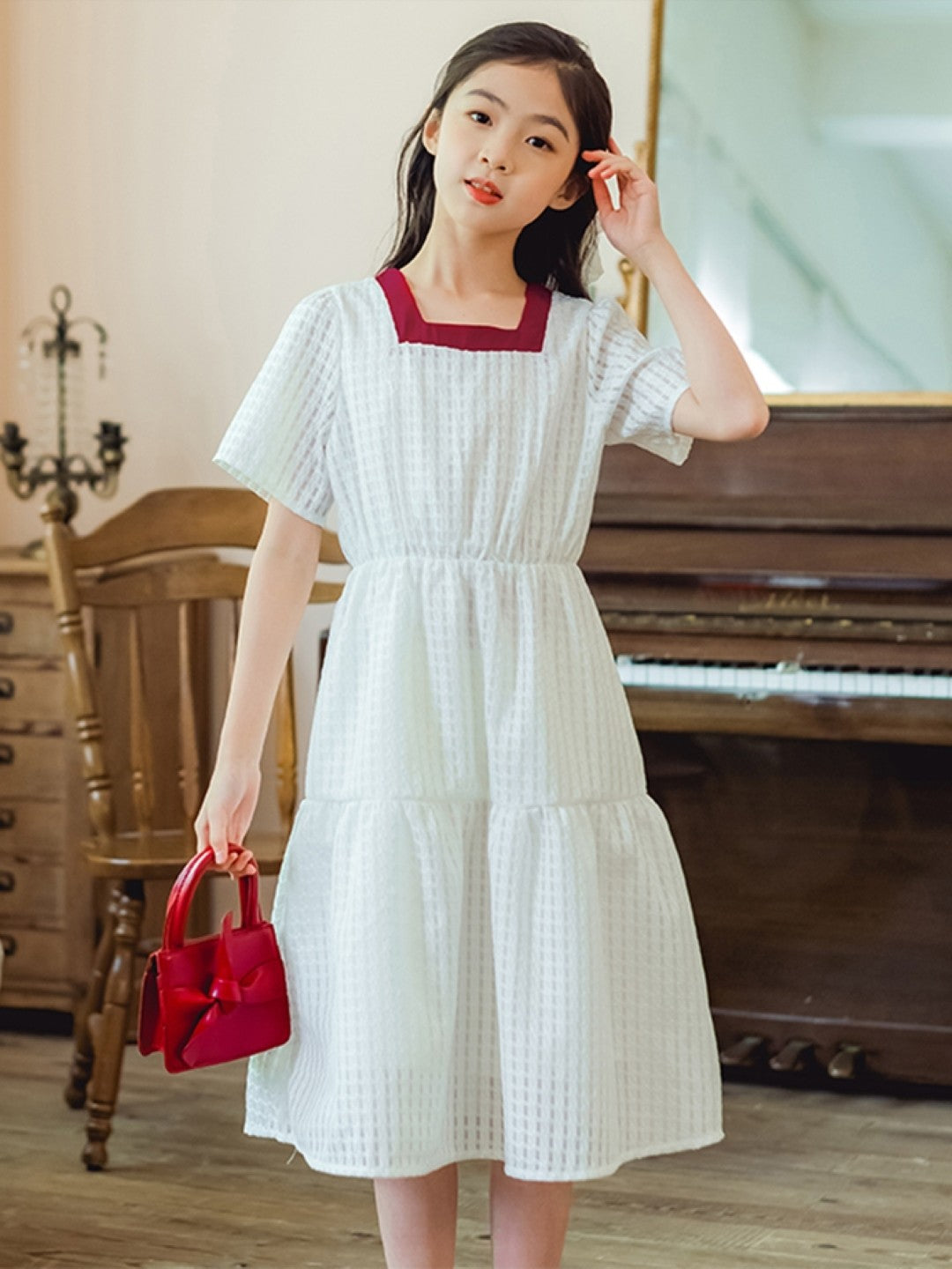 White Square Neck Casual A-Line Solid Polyester Knee Length Dresses