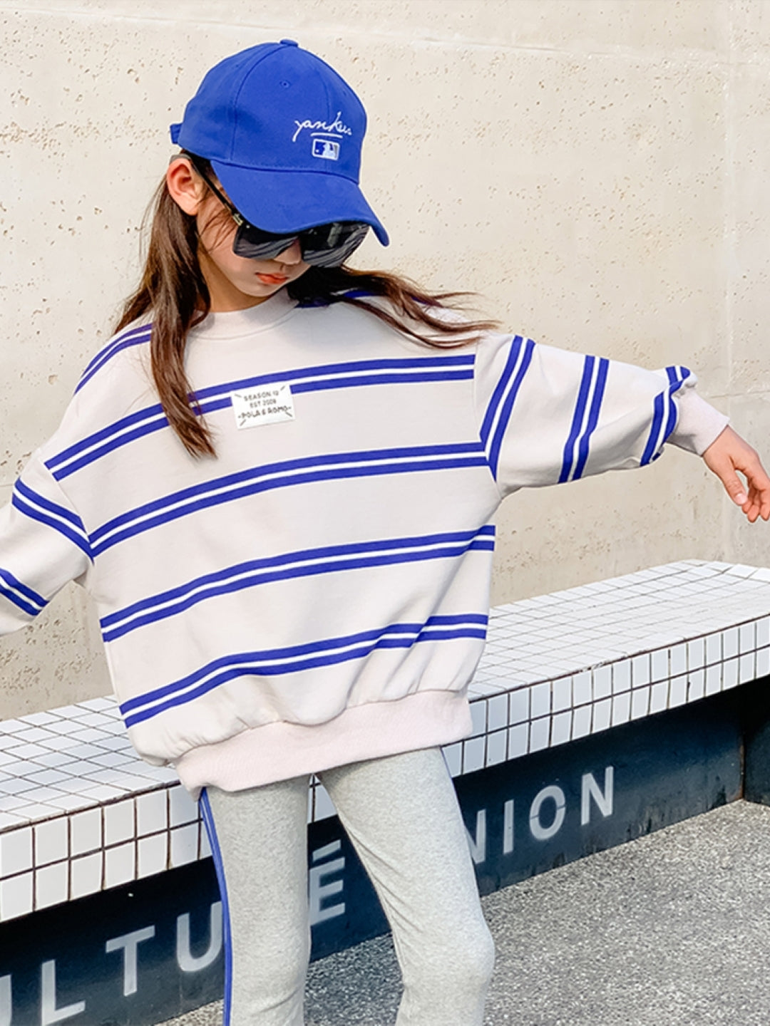 Blue & White Round Neck Long Sleeves Cotton Blend Trousers & Top Striped Clothing Set