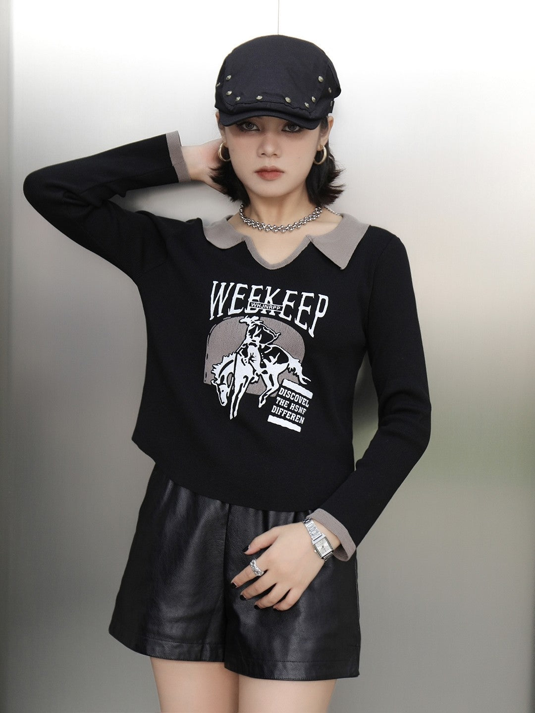 Black Viscose Rayon V-Neck Long Sleeves Typography Top