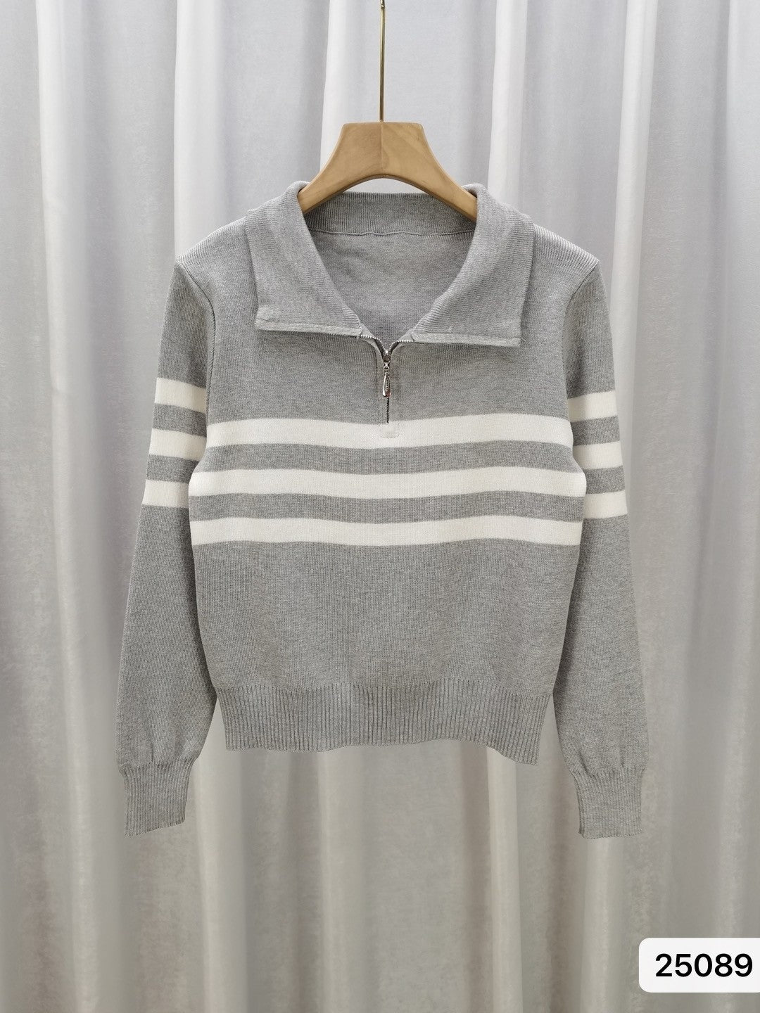 Grey Viscose Rayon Shirt Collar Long Sleeves Horizontal Stripes Top