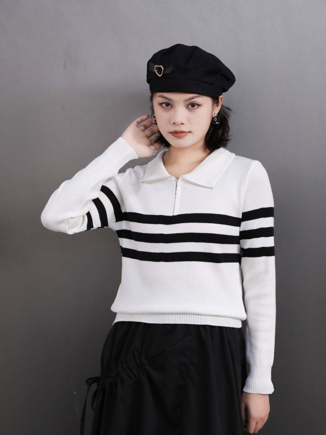 White Viscose Rayon Shirt Collar Long Sleeves Horizontal Stripes Top