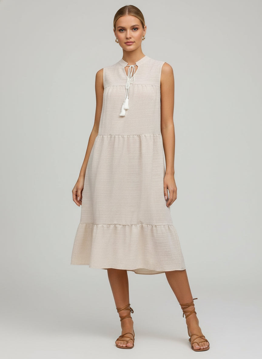 Beige Tie-Up Neck A-Line Midi Dress
