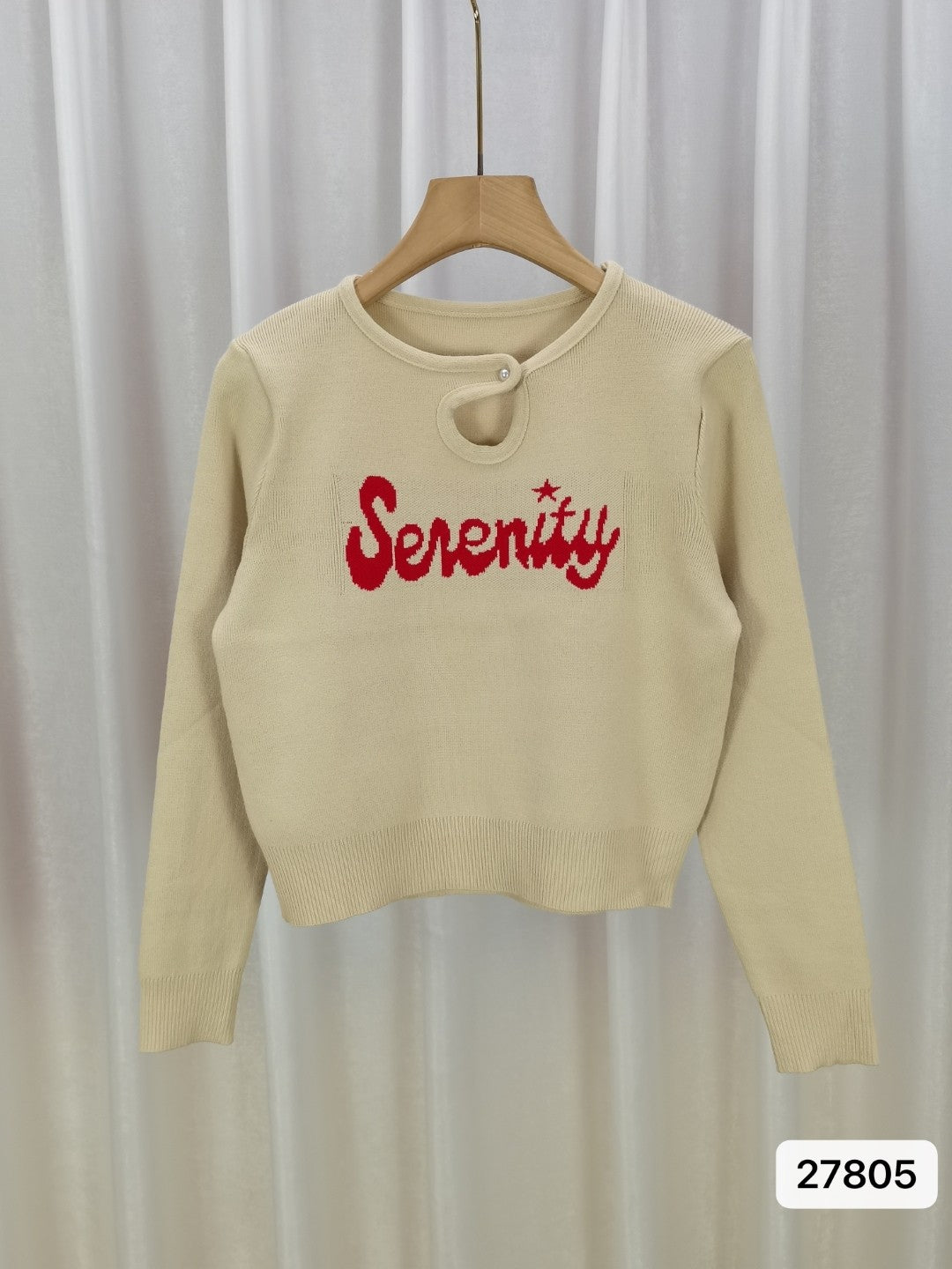 Cream Round Neck Long Sleeves Typography Top