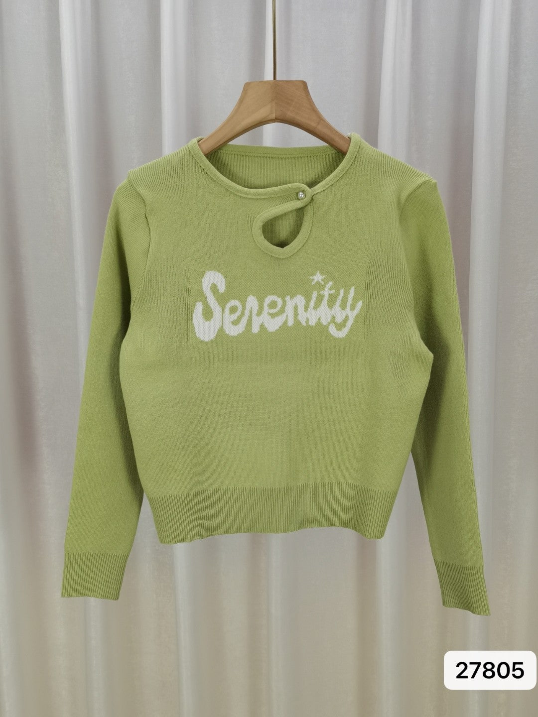 Green Round Neck Long Sleeves Typography Top