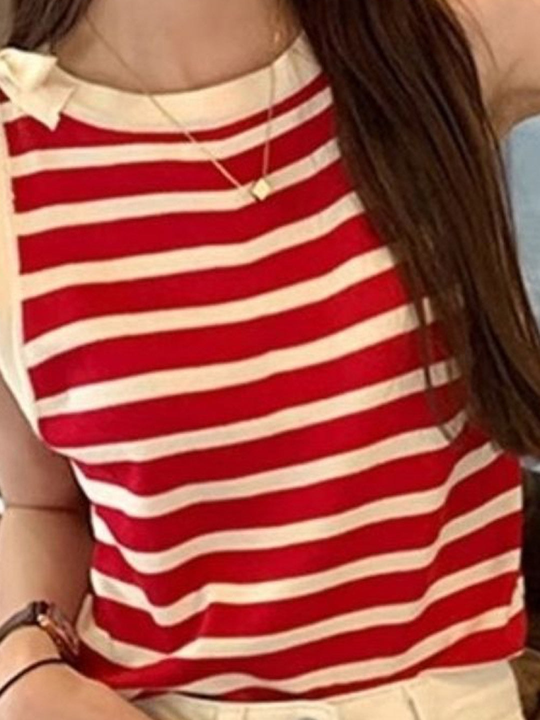 Red Round Neck Sleeveless Horizontal Stripes Silk Top