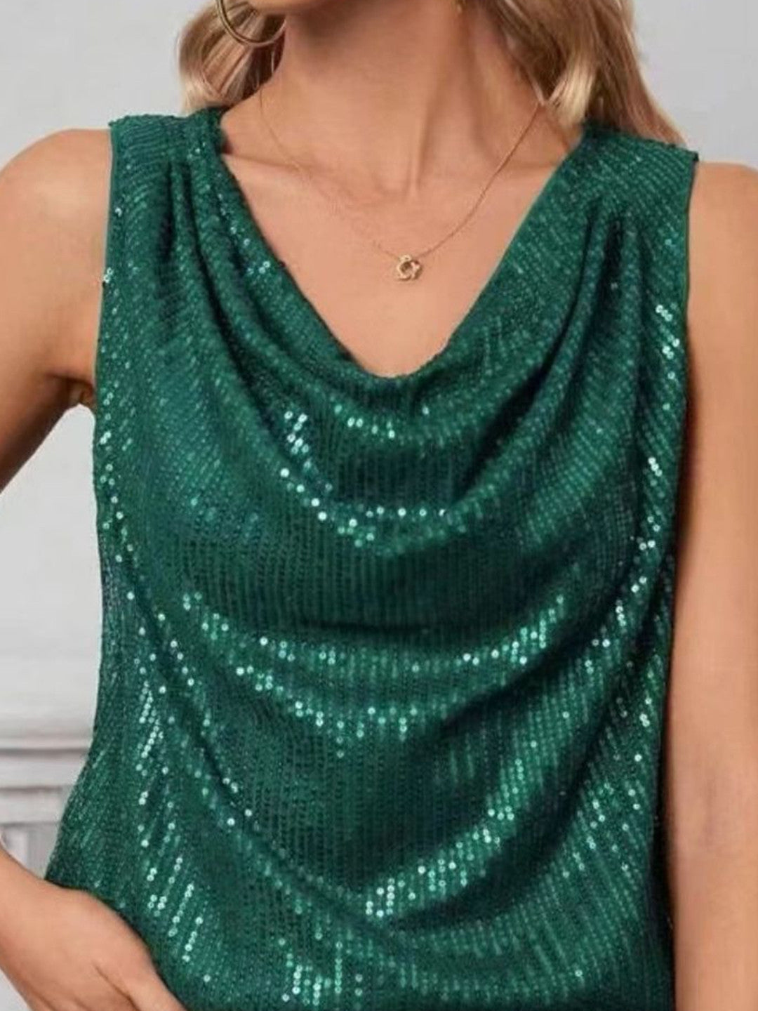 Green V-Neck Sleeveless Solid Polyester Top