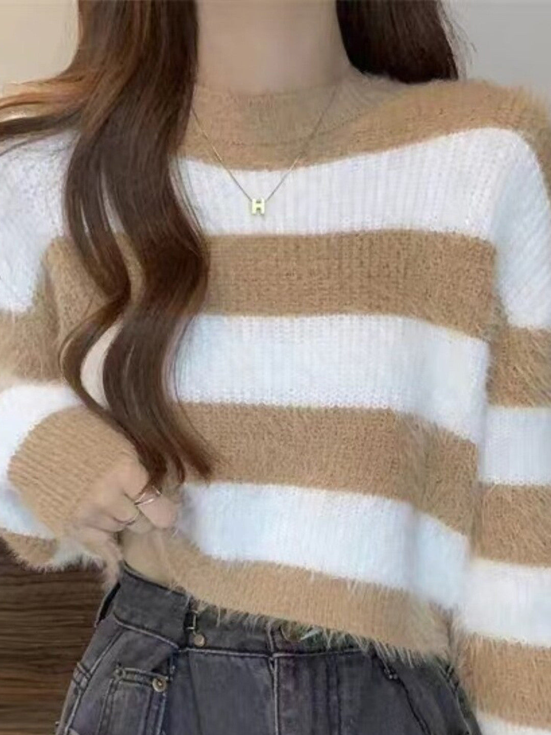 Brown Round Neck Long Sleeves Horizontal Stripes Regular Sleeves Acrylic Top