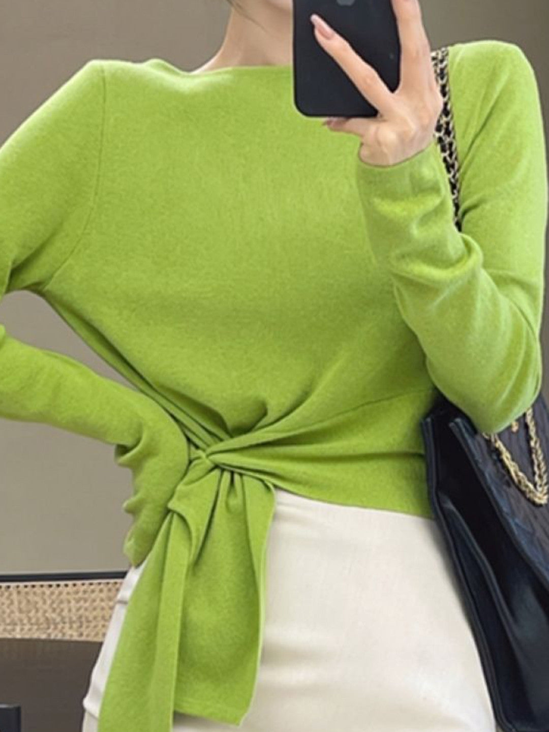 Green Boat Neck Long Sleeves Solid Viscose Rayon Top