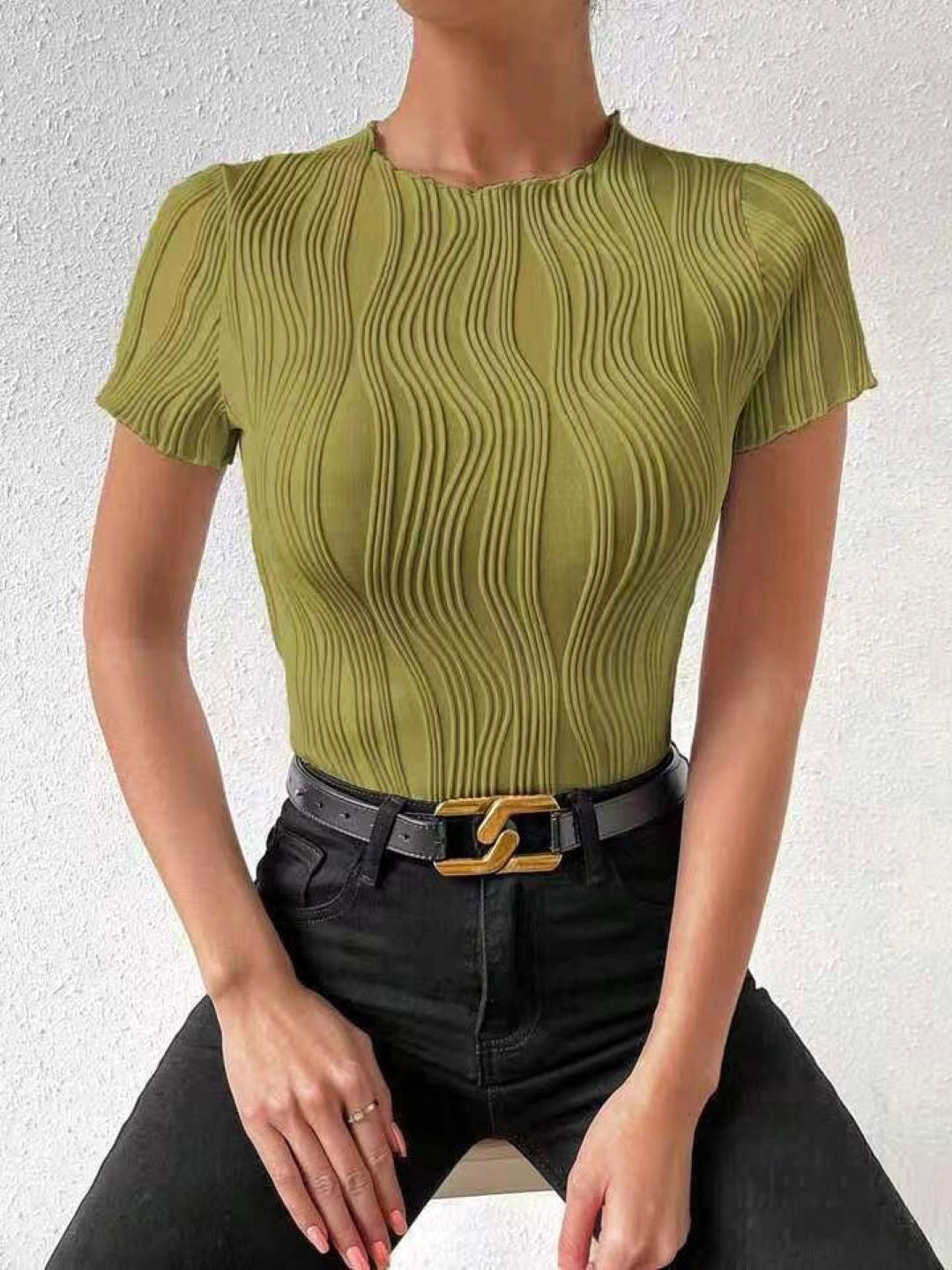 Green Round Neck Short Sleeves Solid Polyester Top