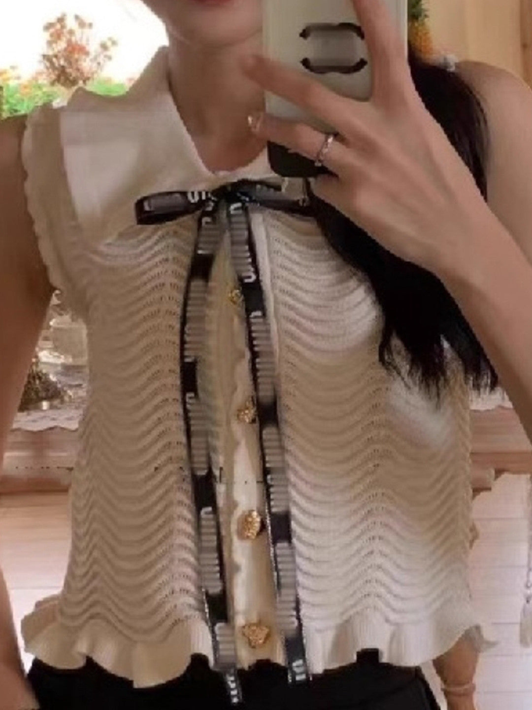 Cream Shirt Collar Sleeveless Solid Polyester Top