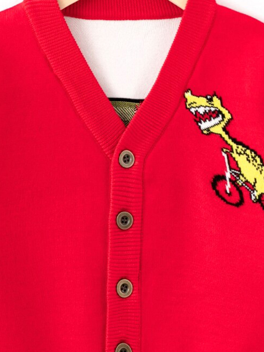 Red V-Neck Printed Long Sleeves Casual Front-Open Viscose Rayon Sweater