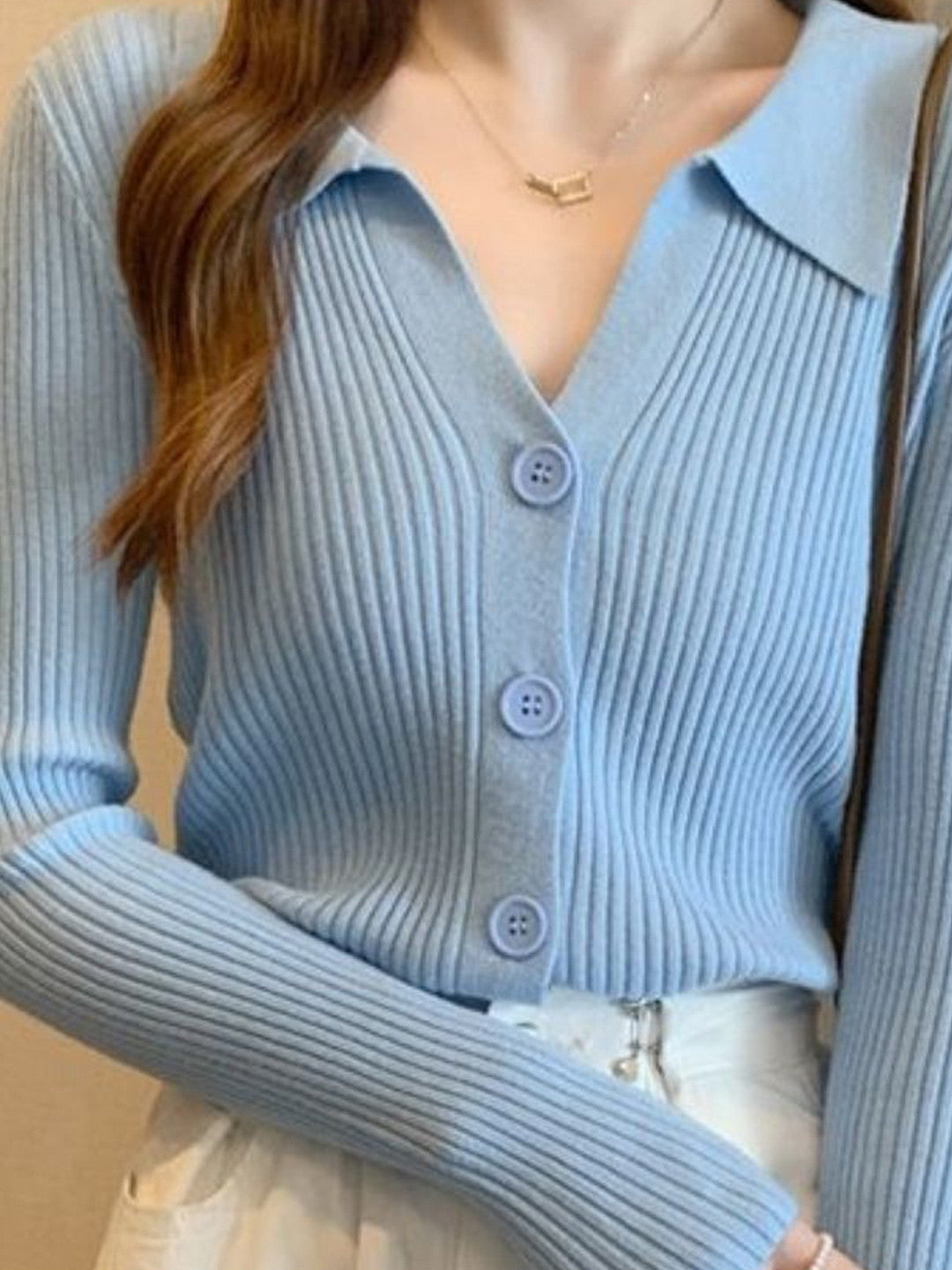 Blue Shirt Collar Long Sleeves Solid Polyester Top