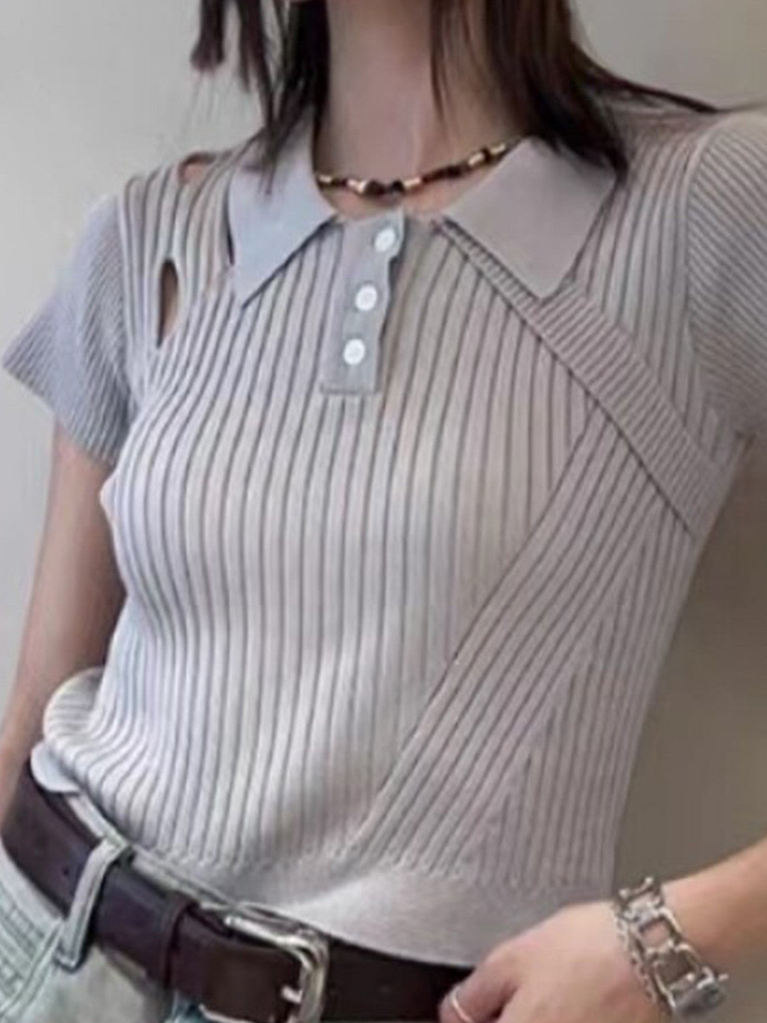 Grey Shirt Collar Solid Short Sleeves Viscose Rayon Regular Top