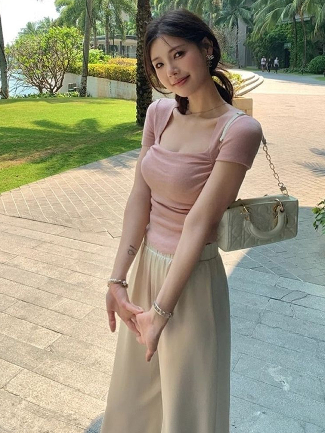 Pink Square Neck Short Sleeves Solid Viscose Rayon Top