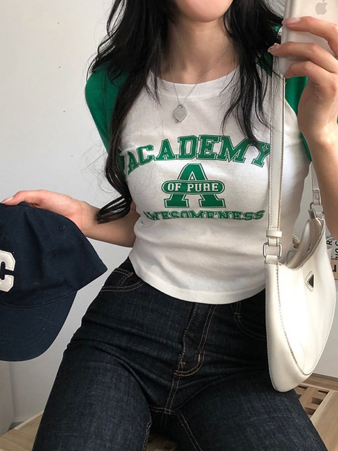 Green Round Neck Typography Short Sleeves Polyester Top