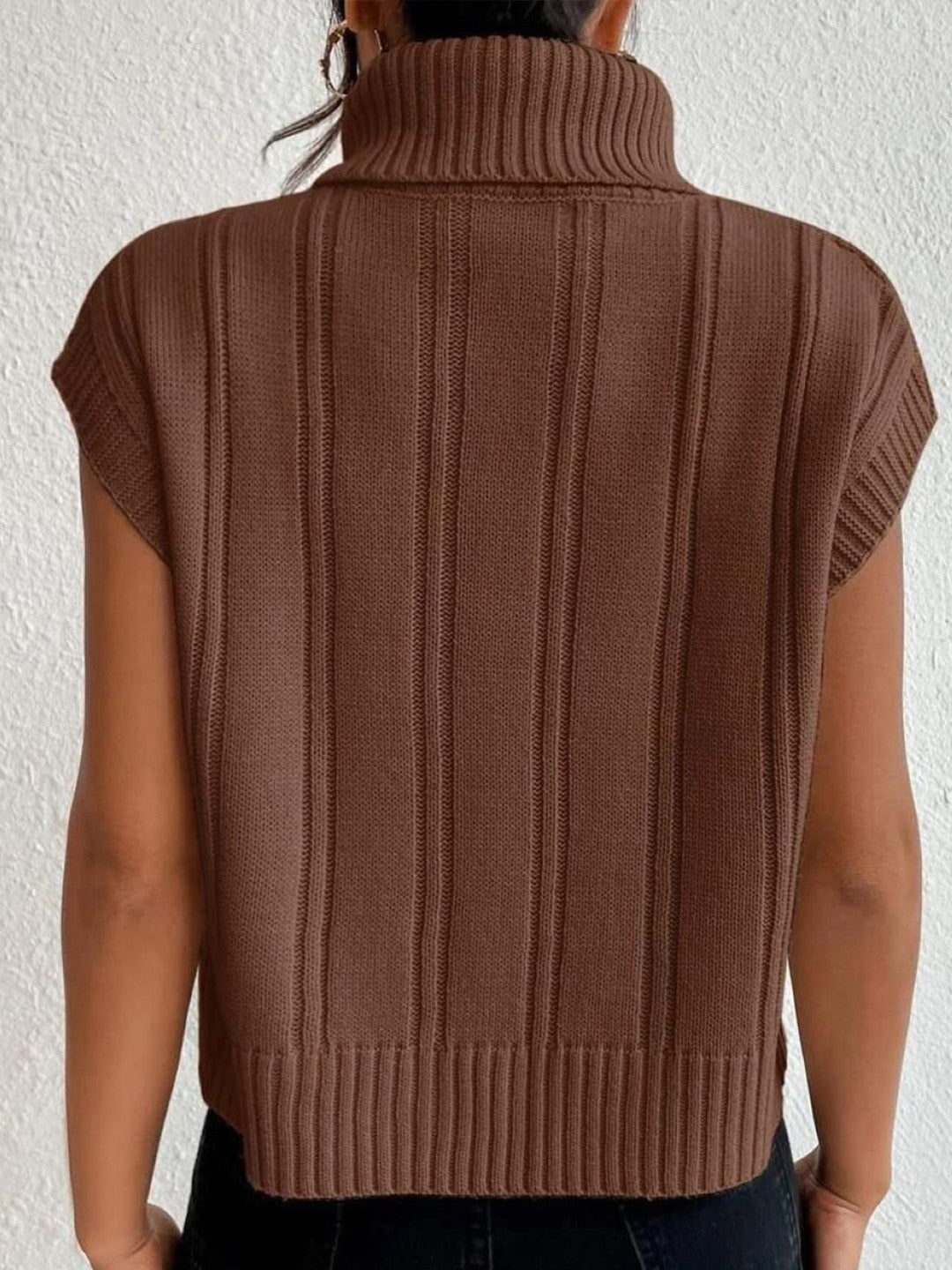 Brown High Neck Short Sleeves Solid Acrylic Regular Top