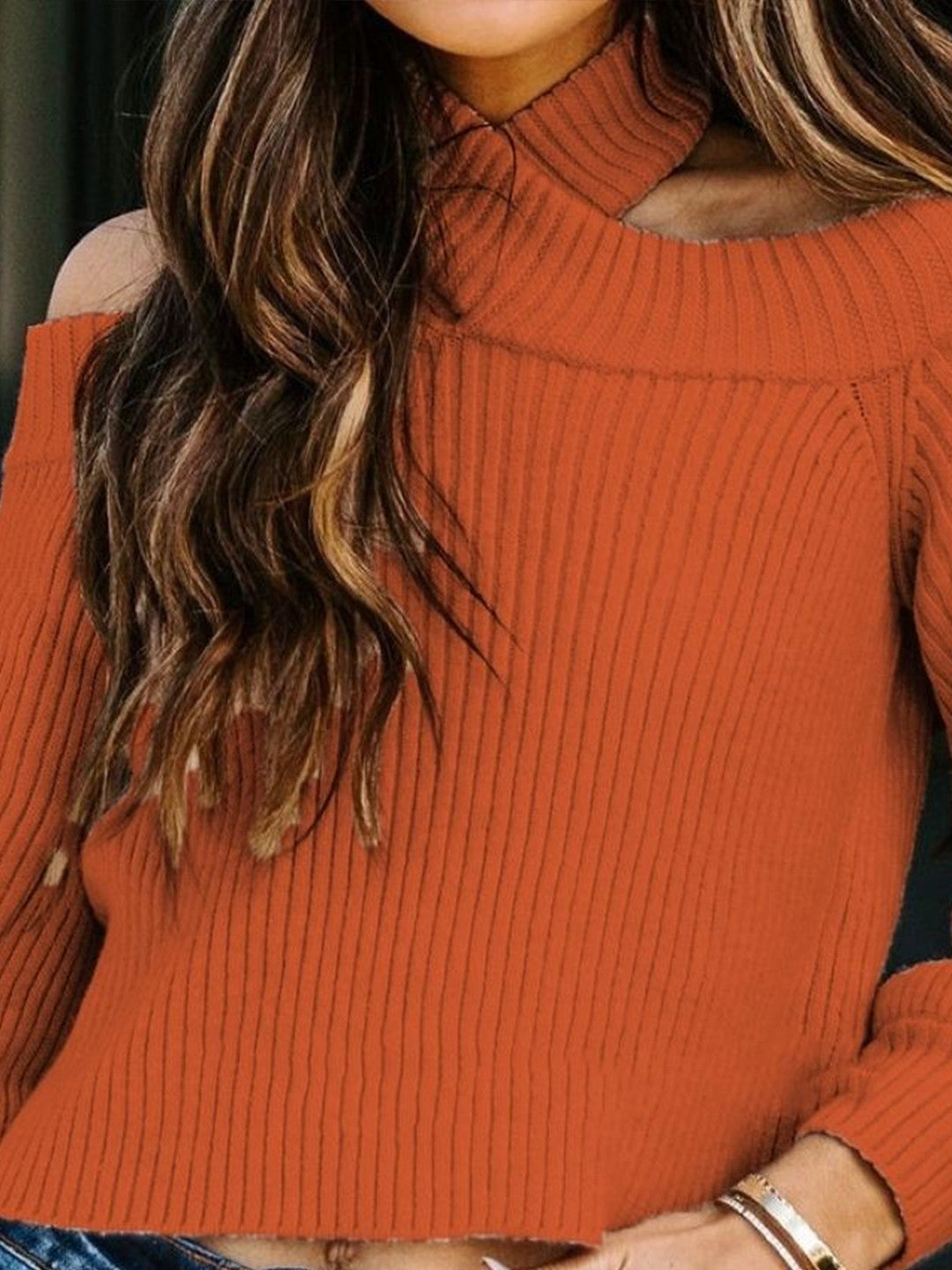 Brown V-Neck Long Sleeves Solid Acrylic Top