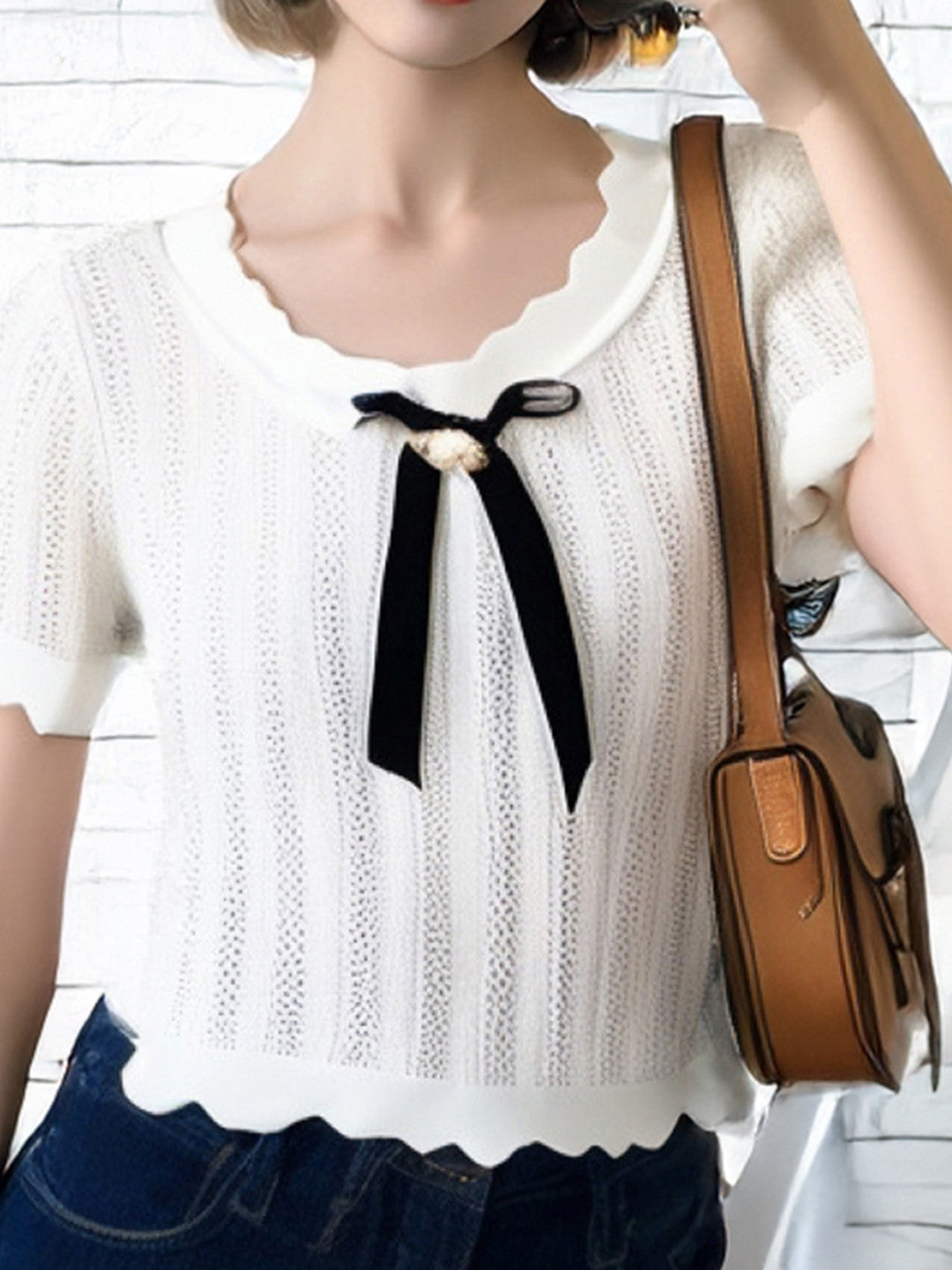 White V-Neck Short Sleeves Solid Polyester Top