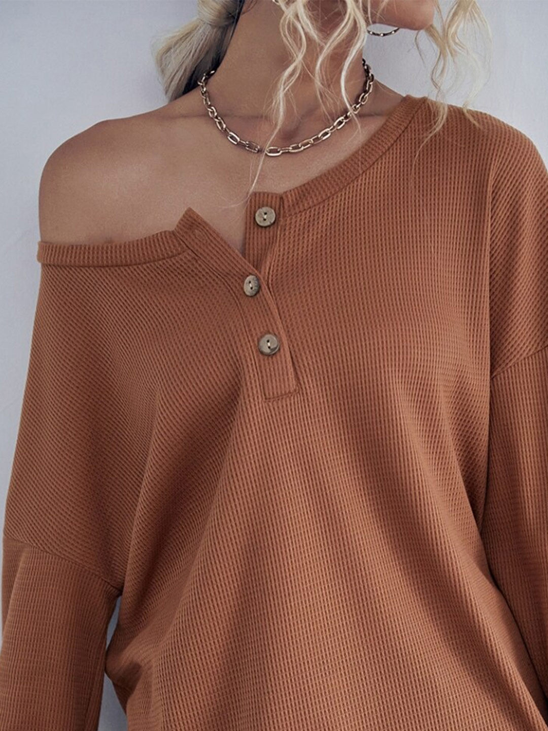 Brown Round Neck Solid Long Sleeves Cotton Sweater