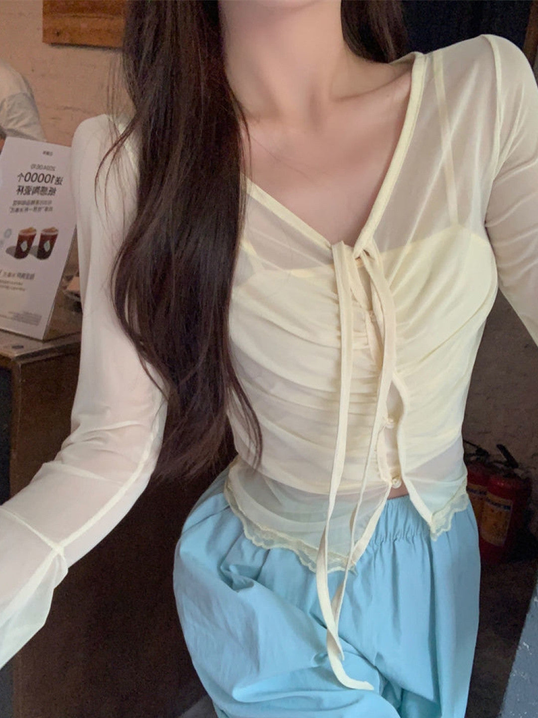 Yellow V-Neck Long Sleeves Solid Polyester Top