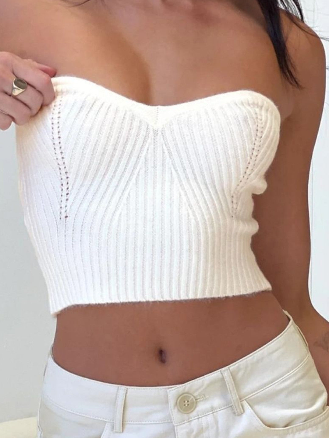 White Off-Shoulder Sleeveless Solid Acrylic Regular Top