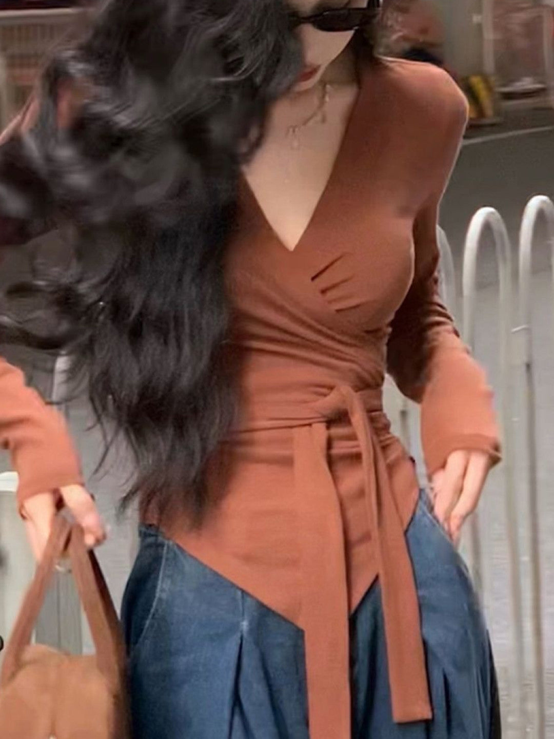 Brown V-Neck Long Sleeves Solid Viscose Rayon Top
