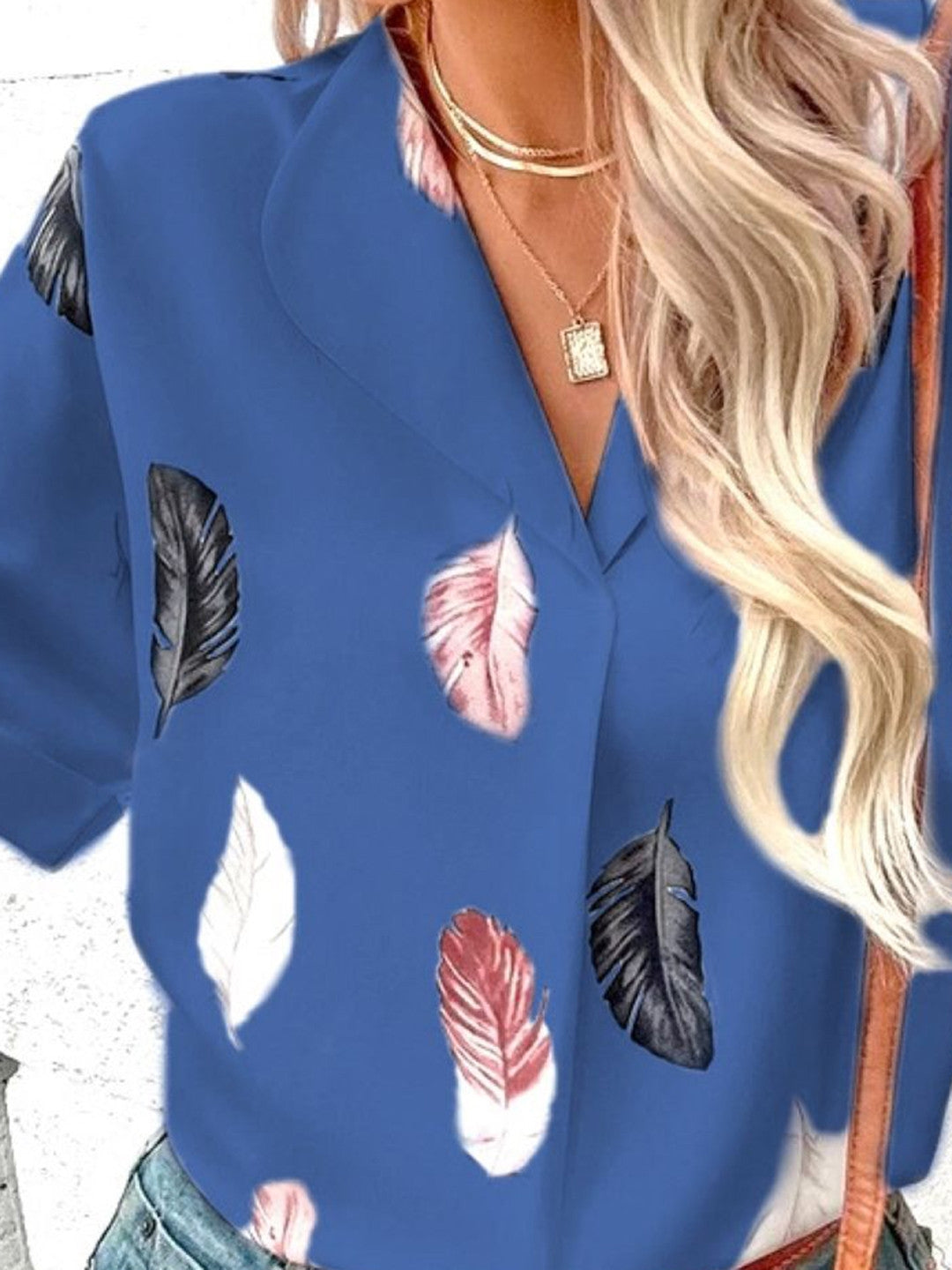 Blue V-Neck Tropical Short Sleeves Polyester Regular Top