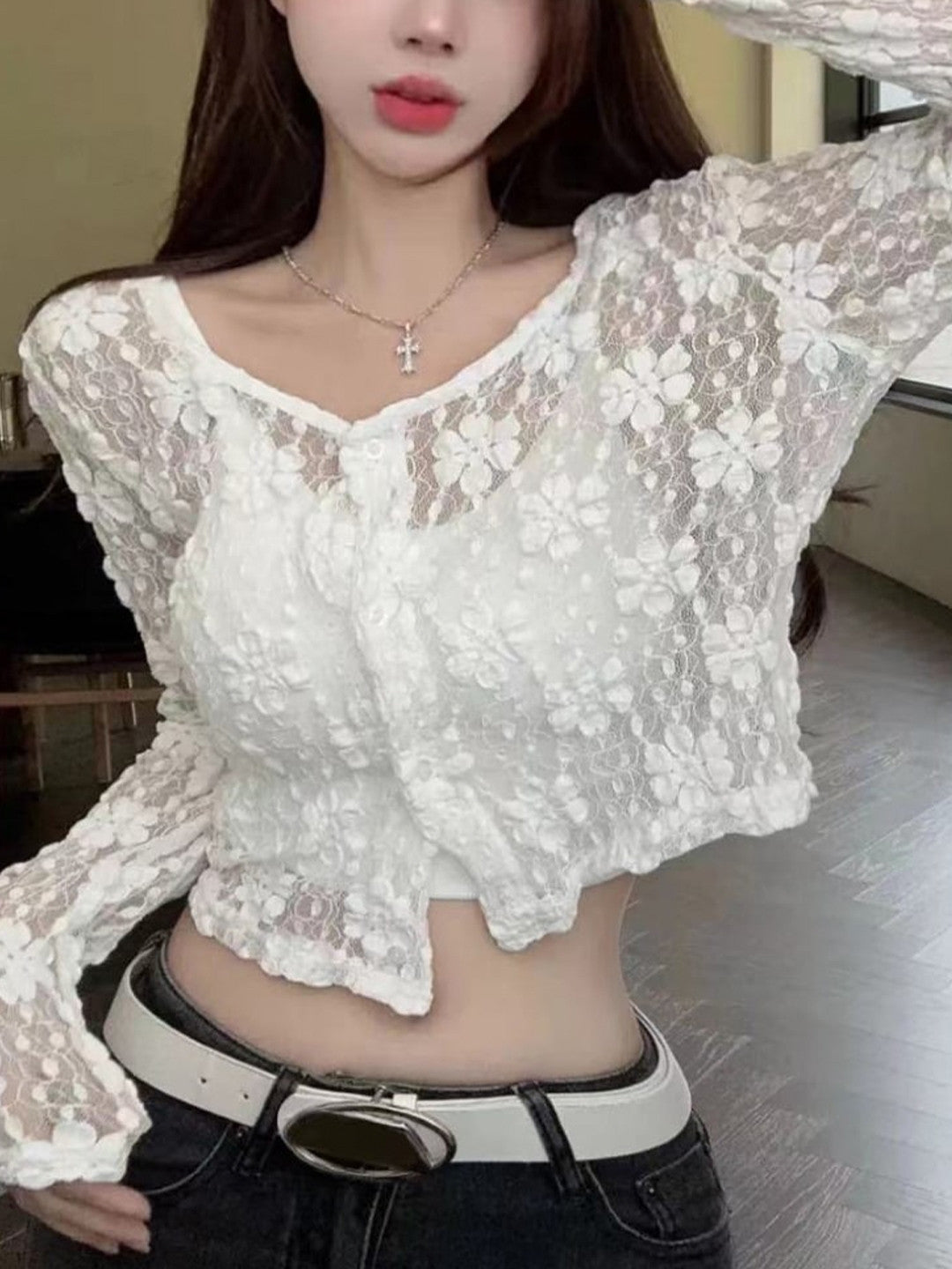 White V-Neck Solid Long Sleeves Viscose Rayon Crop Top