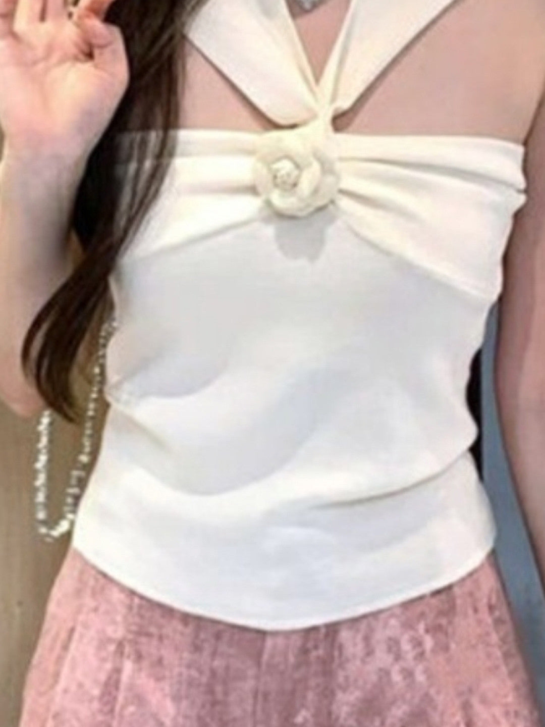 White V-Neck Sleeveless Solid Polyester Top