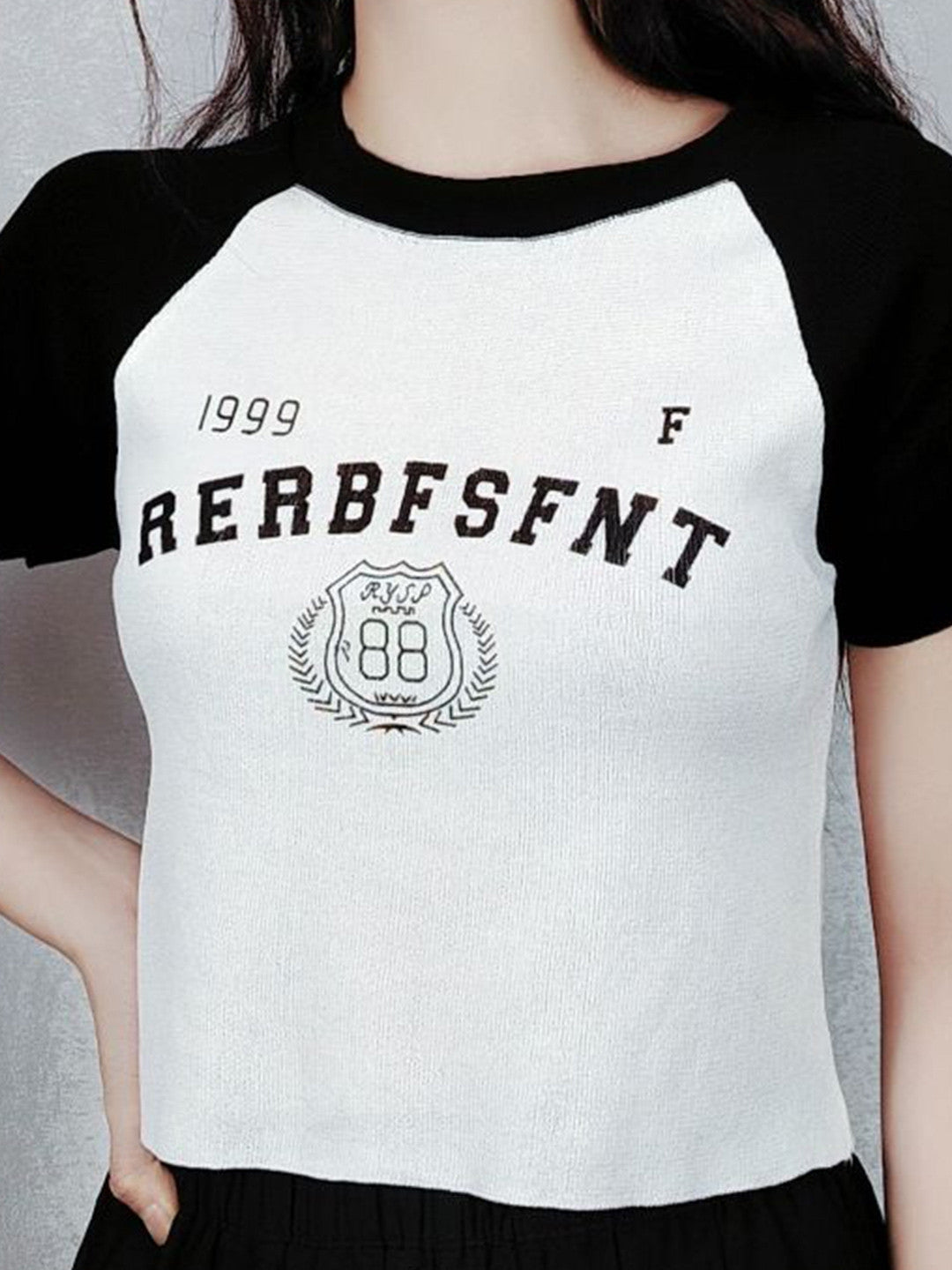Black White Round Neck Typography Short Sleeves Viscose Rayon Crop Top