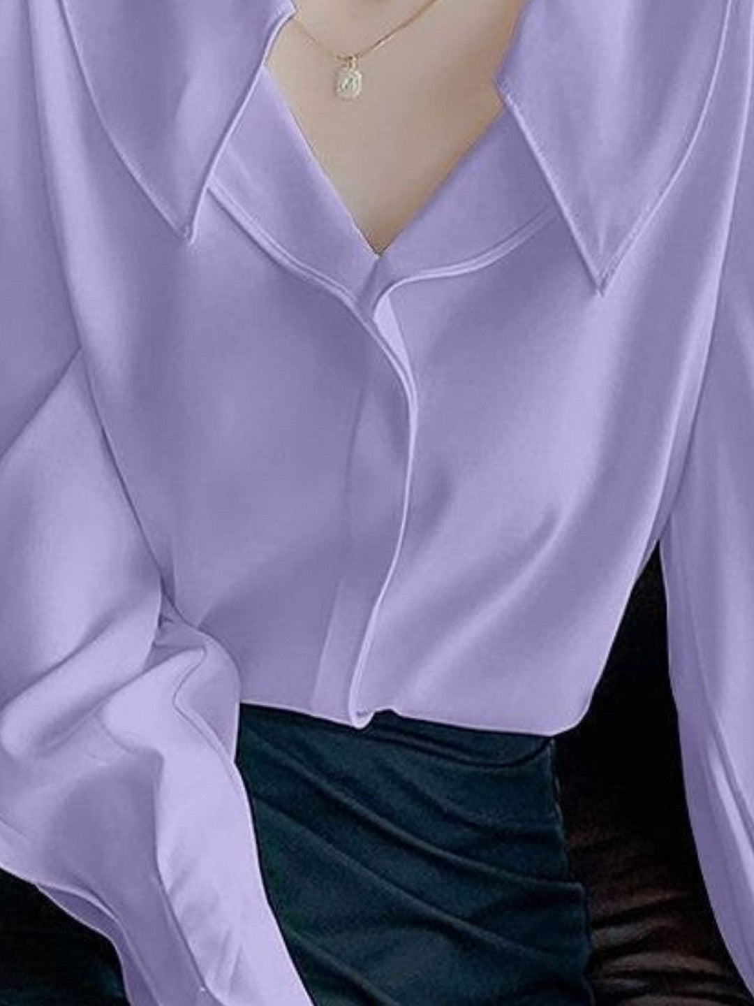 Purple Shirt Collar Long Sleeves Solid Polyester Top