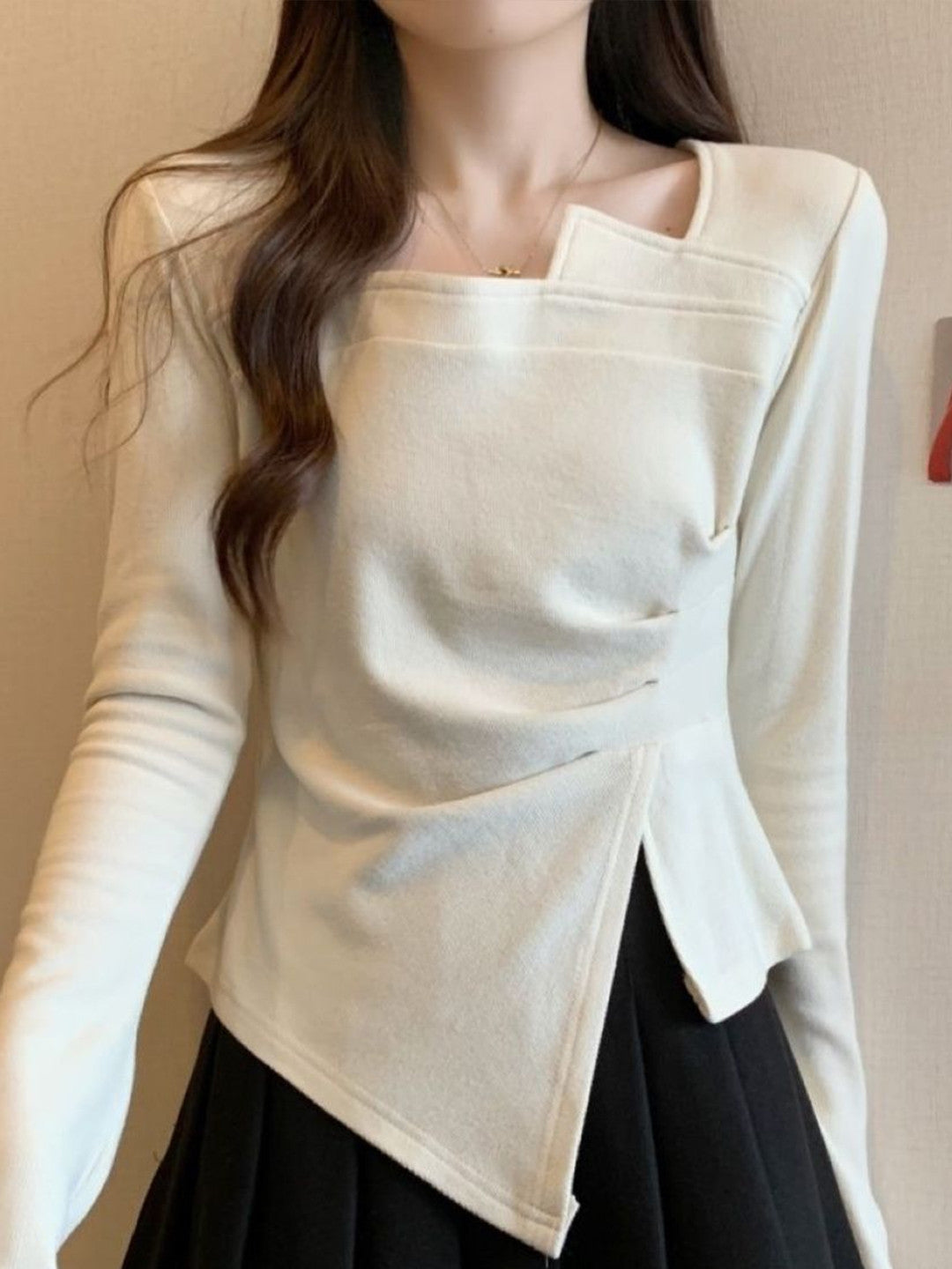 Cream Square Neck Long Sleeves Solid Viscose Rayon Top
