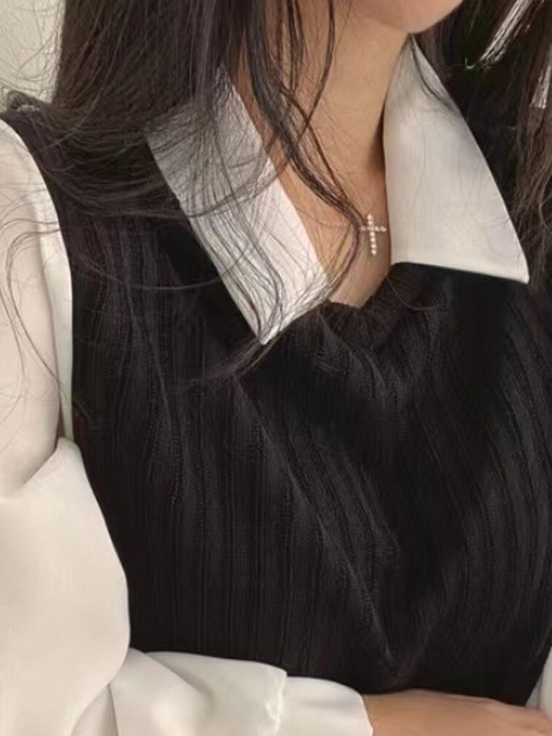 Black Shirt Collar Long Sleeves Solid Top