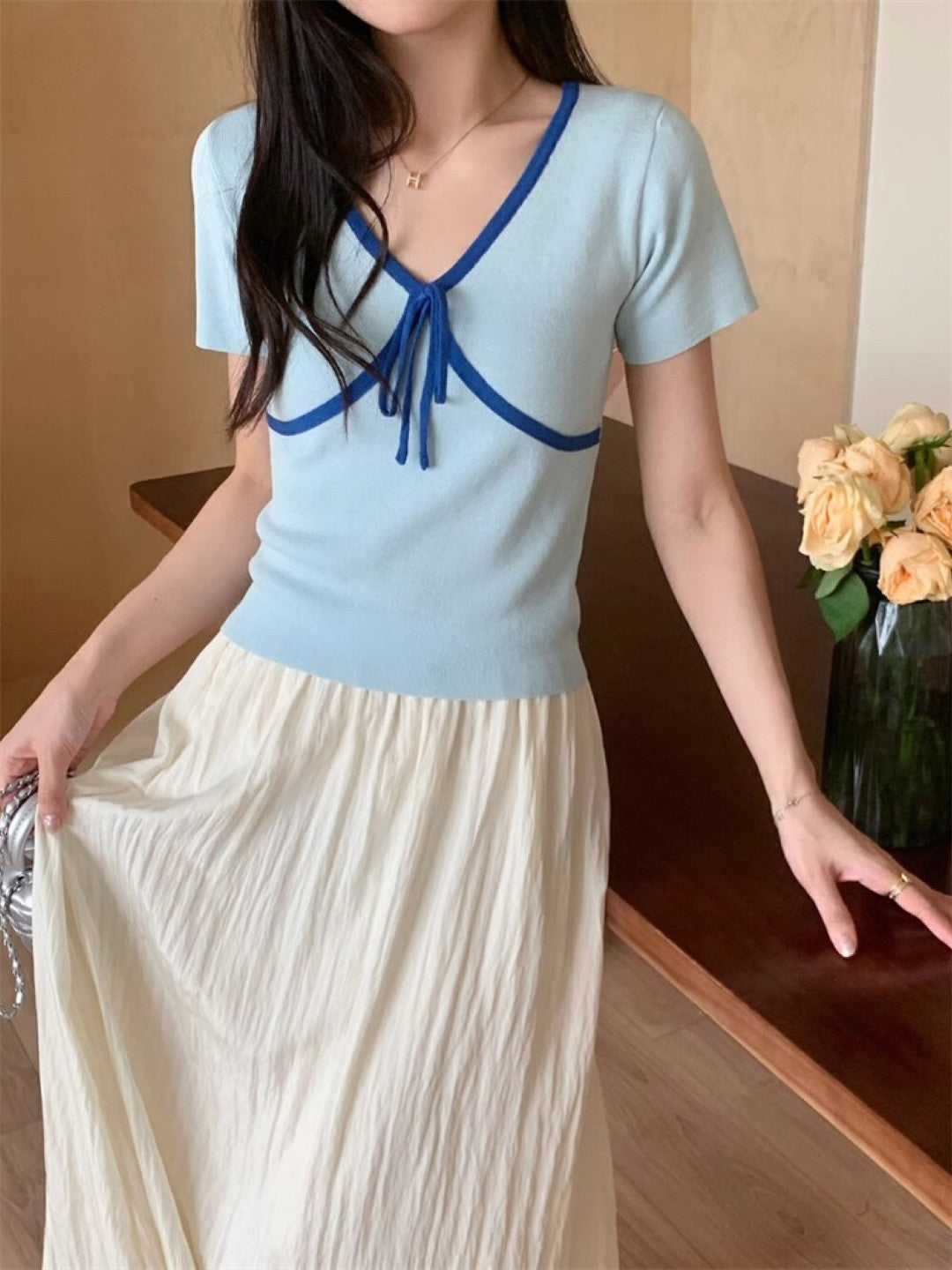 Blue V-Neck Short Sleeves Solid Polyester Top