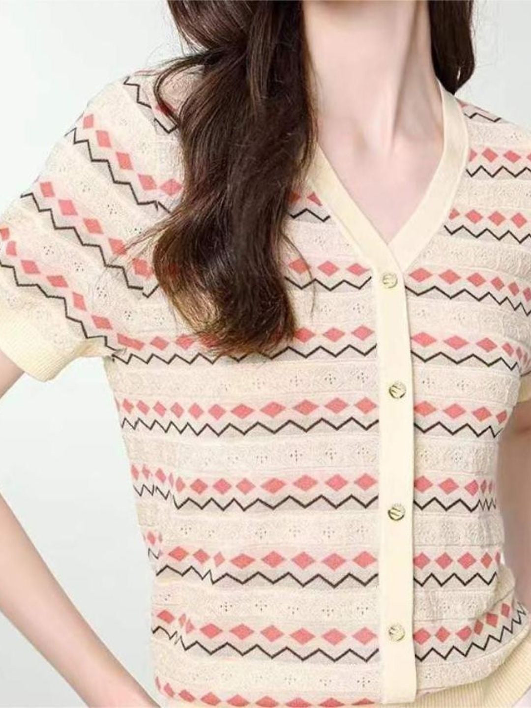 Cream V-Neck Short Sleeves Horizontal Stripes Polyester Top