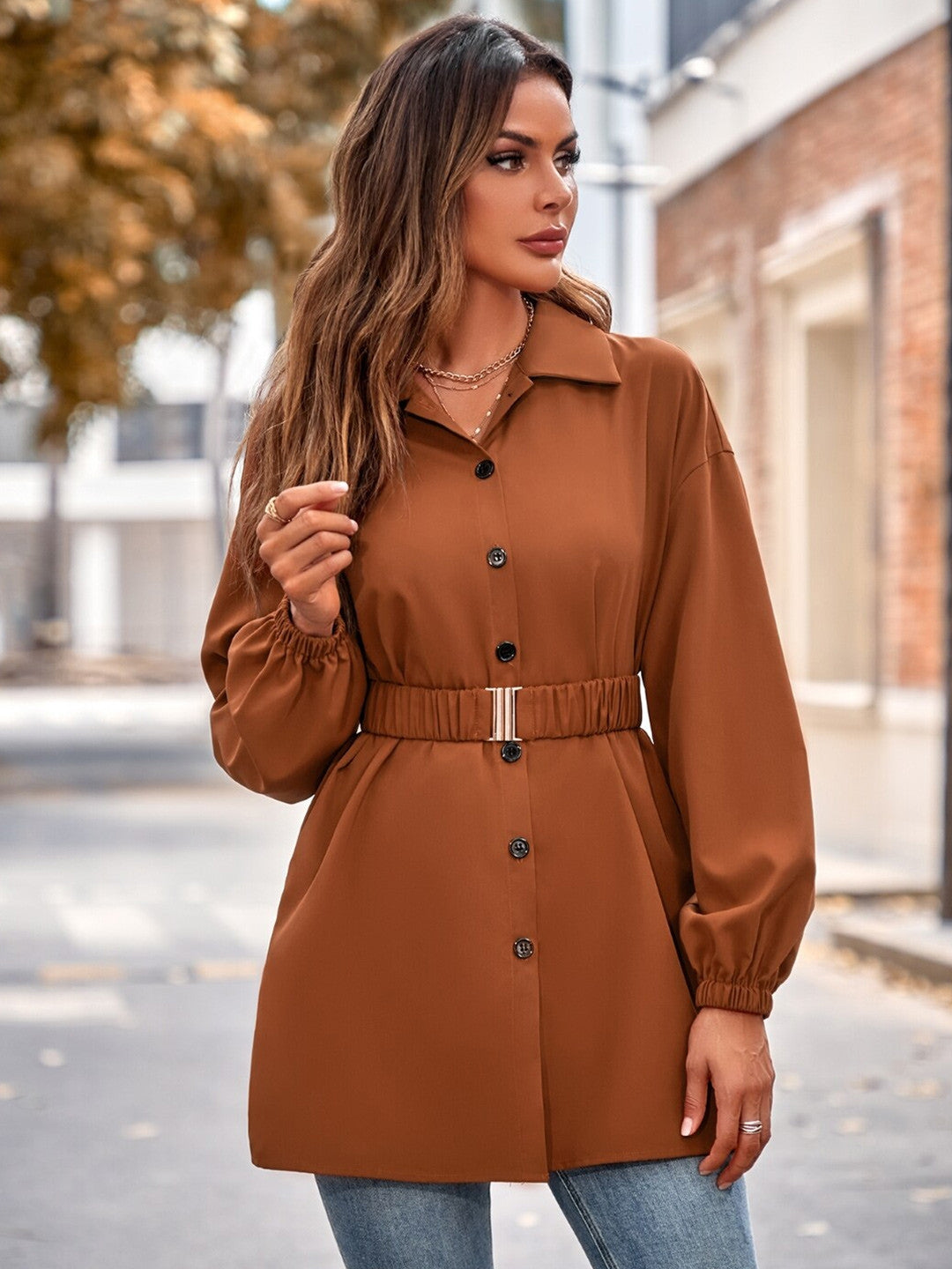 Brown Shirt Collar Long Sleeve Polyester Top