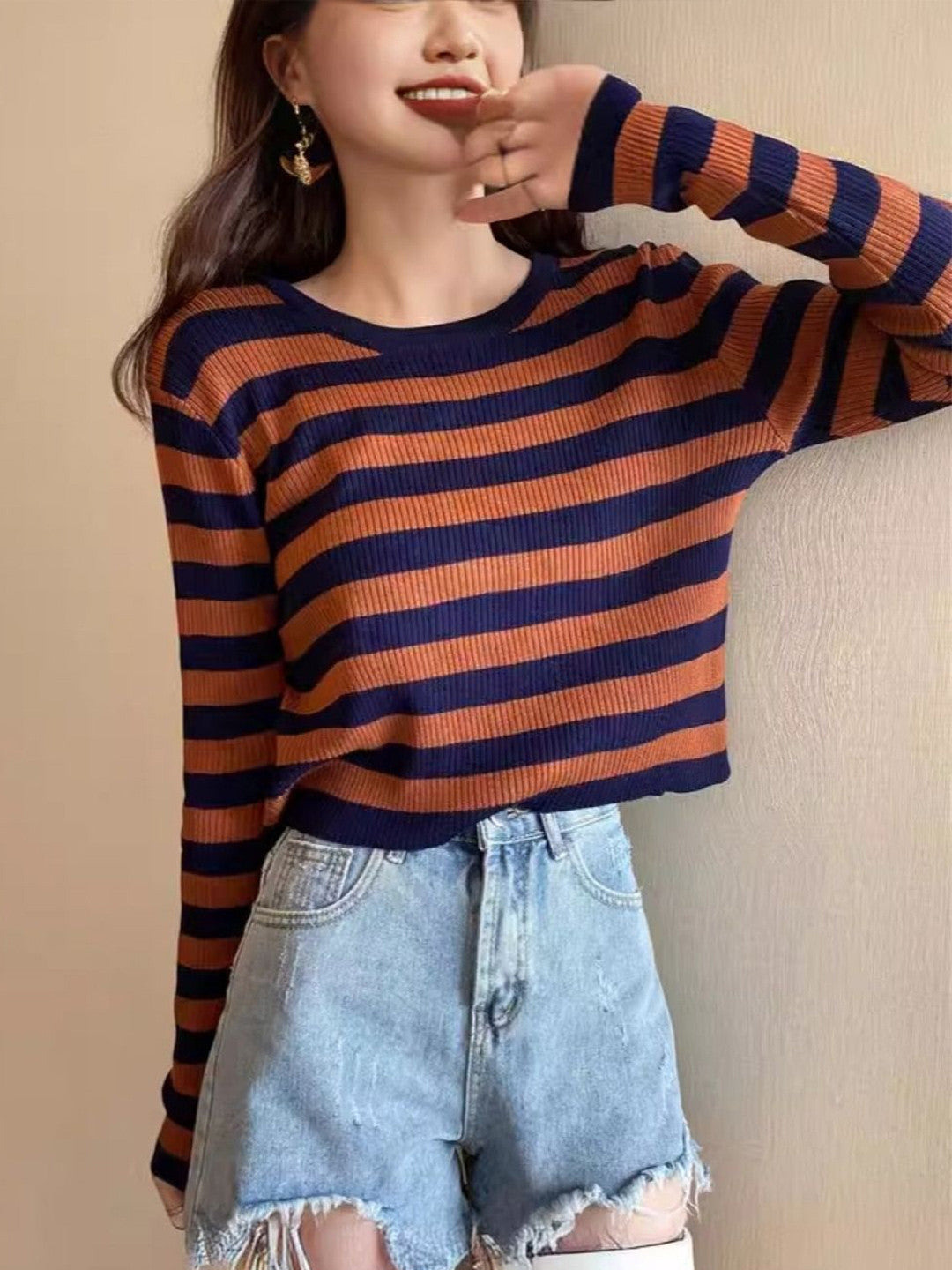 Brown Round Neck Long Sleeves Horizontal Stripes Cotton Top