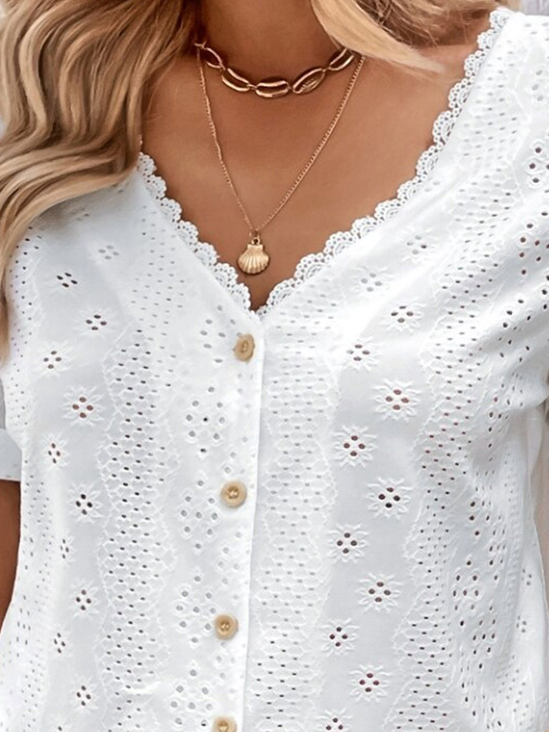 White V-Neck Solid Short Sleeves Polyester Top
