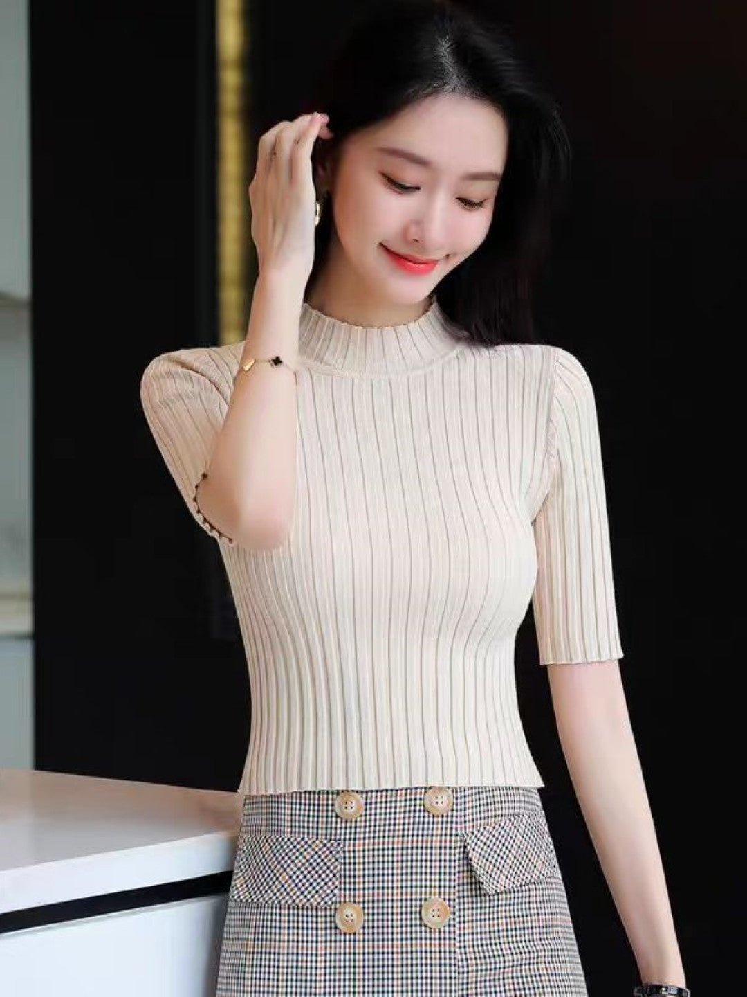 Cream High Neck Solid Short Sleeves Viscose Rayon Regular Top