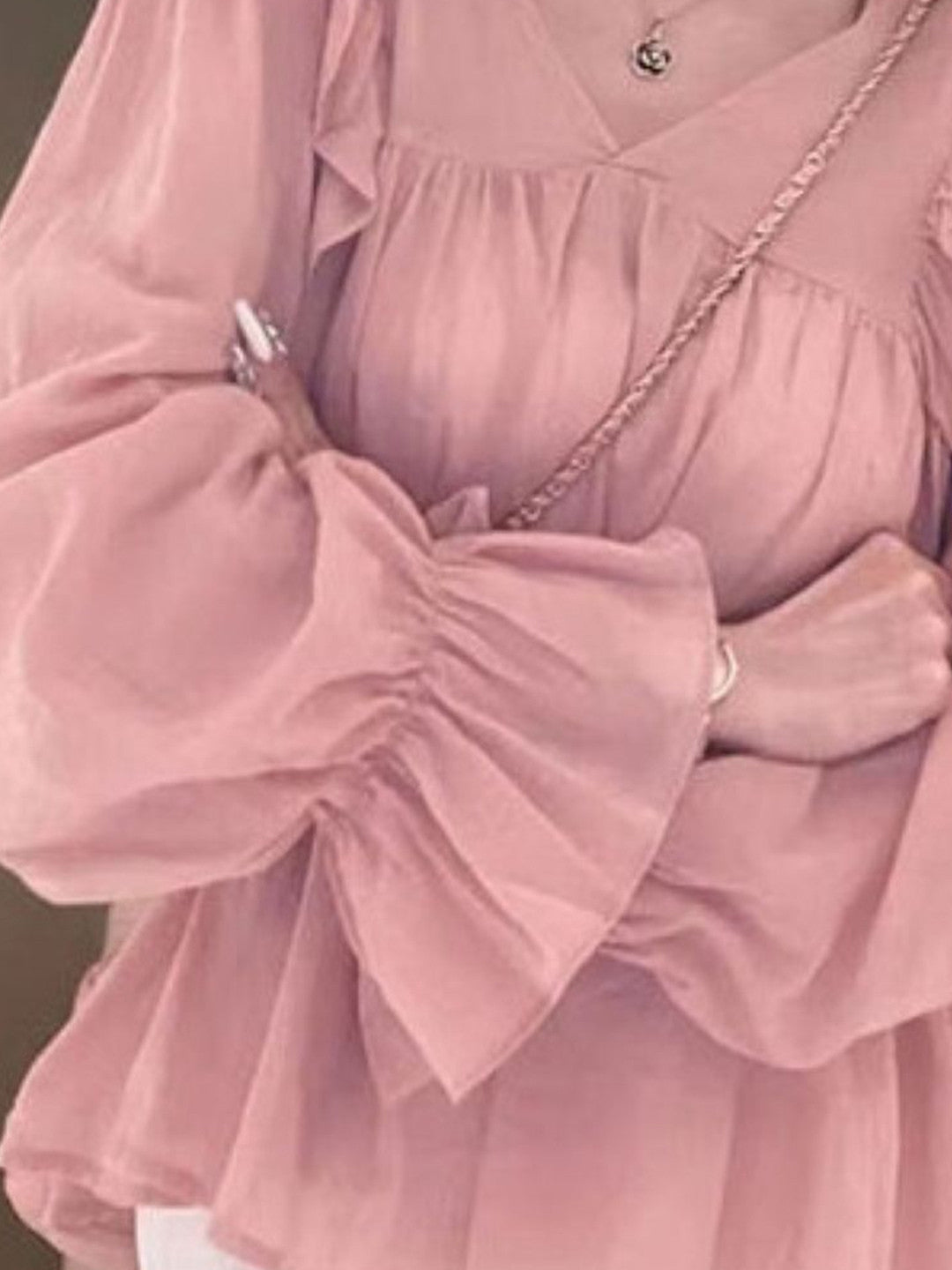 Pink V-Neck Long Sleeves Solid Polyester Top