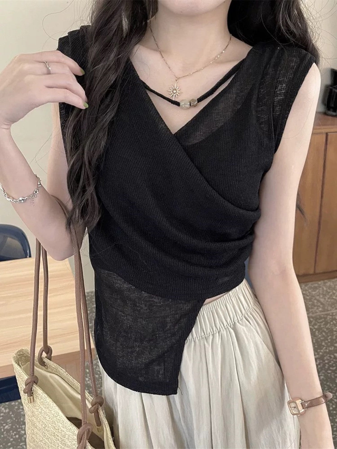 Black V-Neck Sleeveless Solid Polyester Top